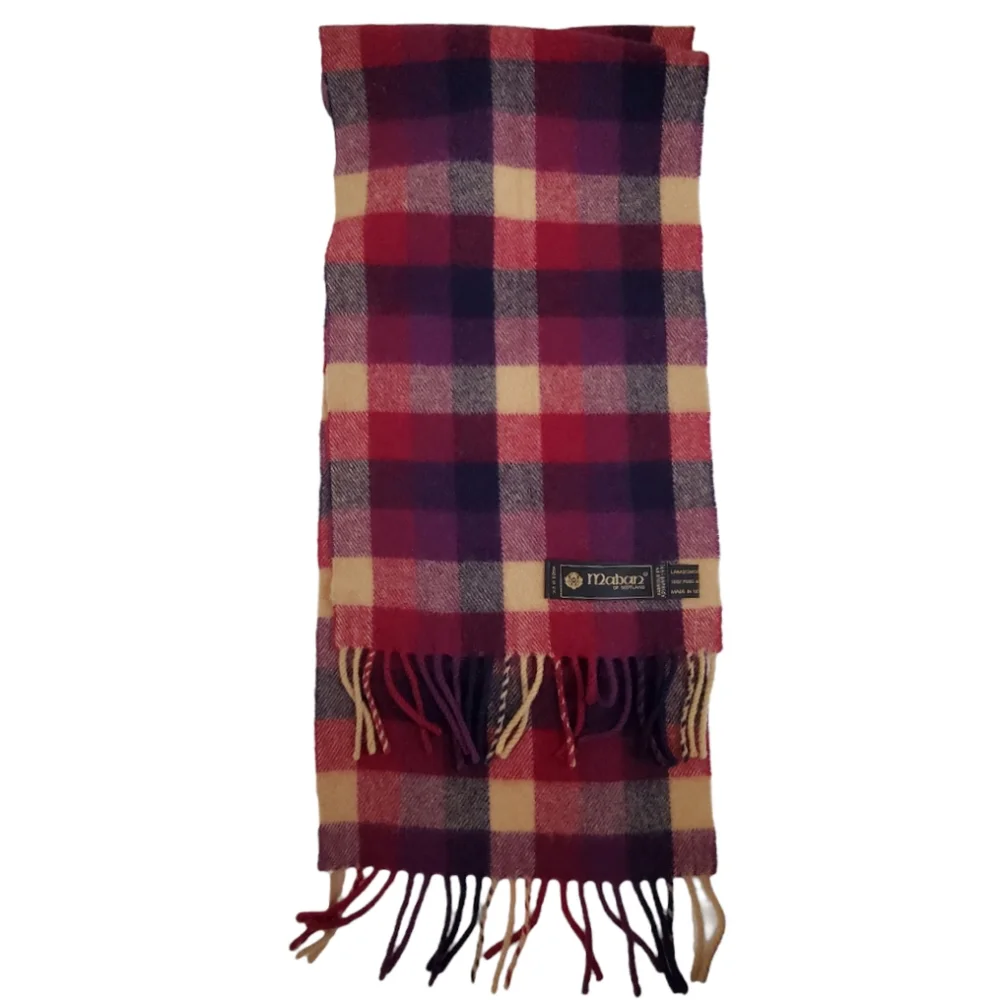 Maban of Scotland Plaid Fringe Scarf Pure New Lambswool Burgundy Black Tan